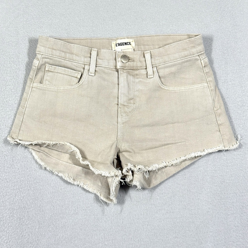 L'AGENCE Shorts Womens 23 Audrey Mid Rise Short in Biscuit Stretch Cut Off Denim
